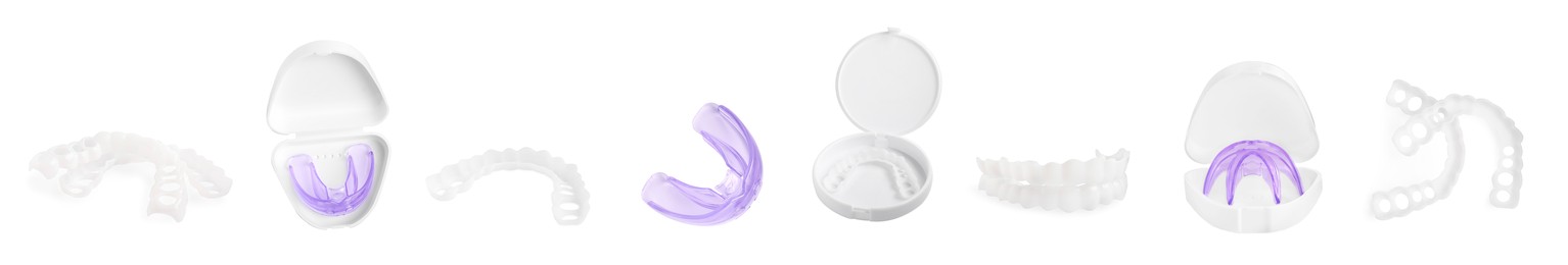 Image of Set with mouth guards on white background, banner design. Bite correction treatment