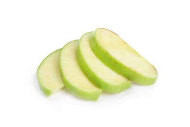 Photo of Pieces of fresh green apple on white background