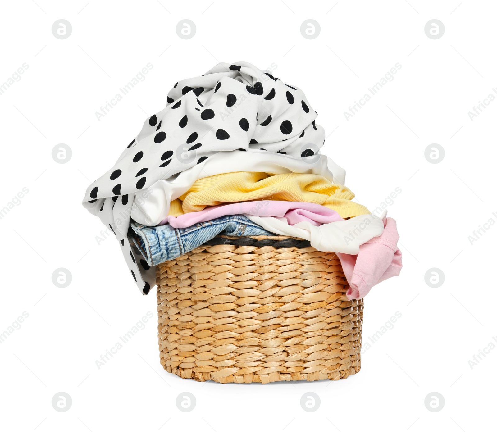 Photo of Wicker laundry basket with clean colorful clothes isolated on white