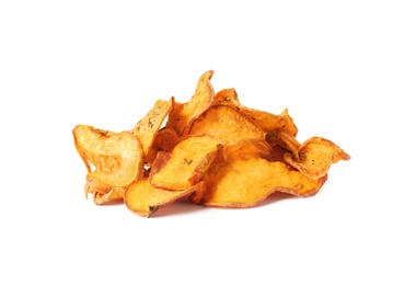 Photo of Pile of sweet potato chips isolated on white