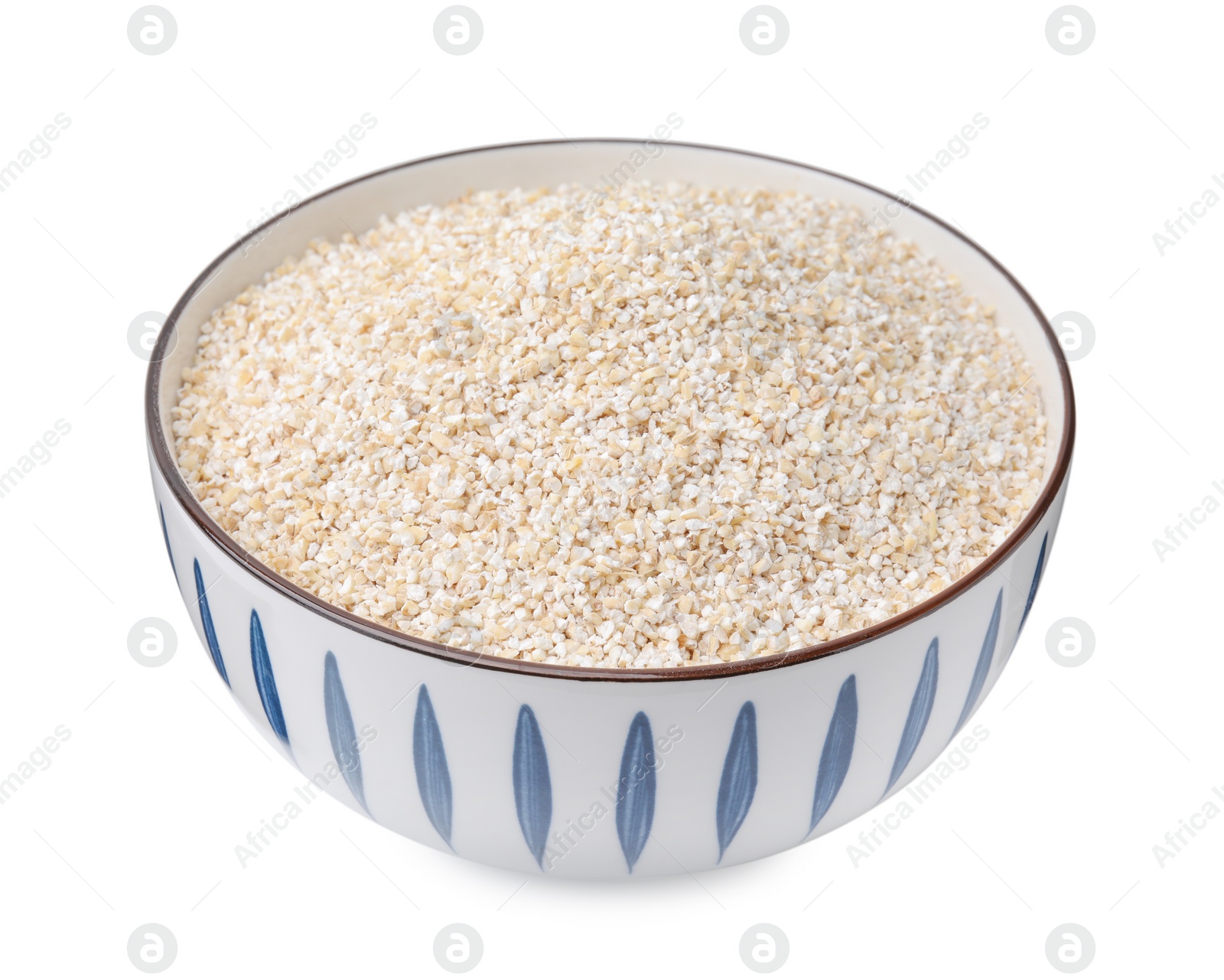 Photo of Raw barley groats in bowl isolated on white