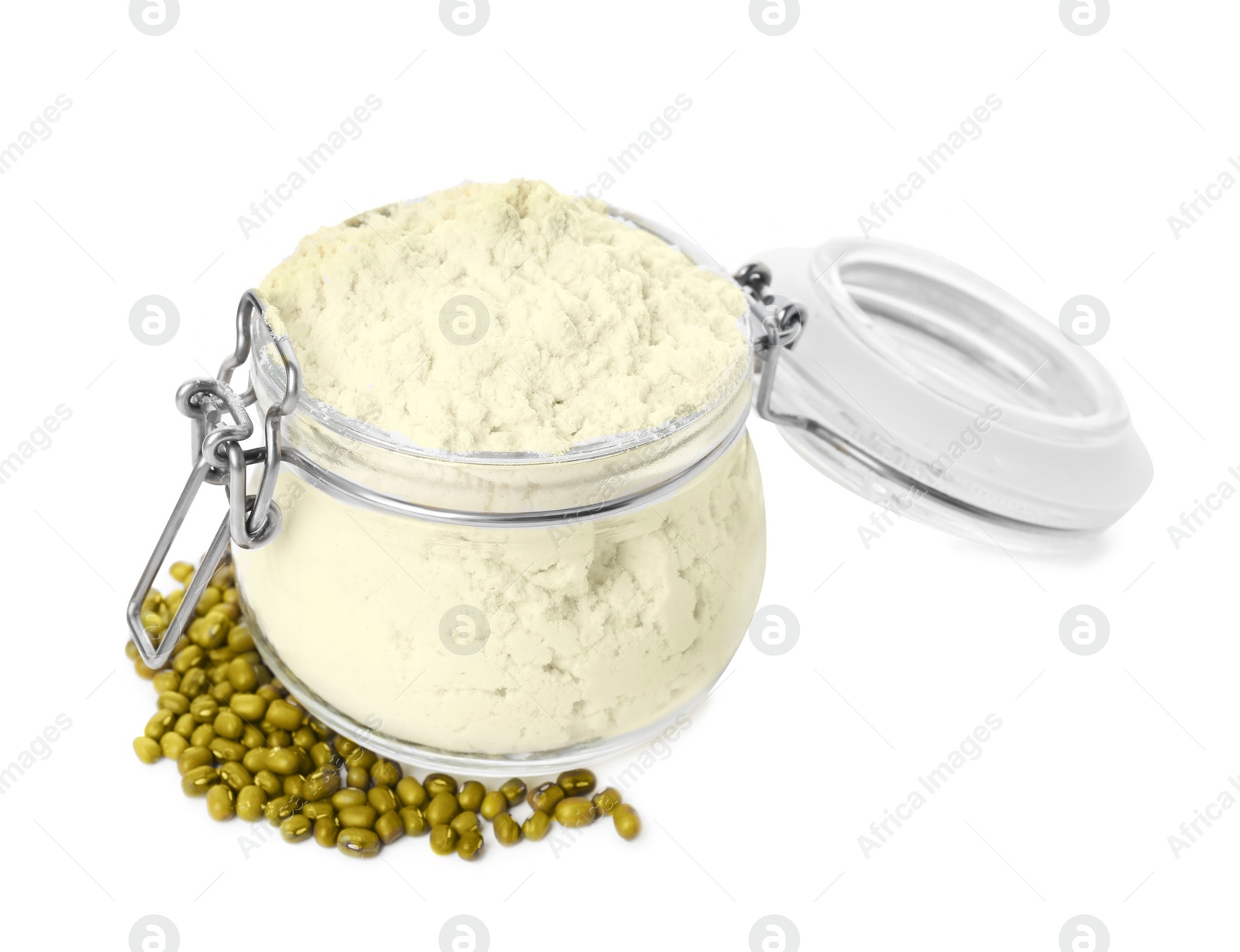 Photo of Mung bean flour in glass jar and seeds isolated on white