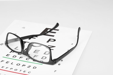 Glasses and vision test chart isolated on white