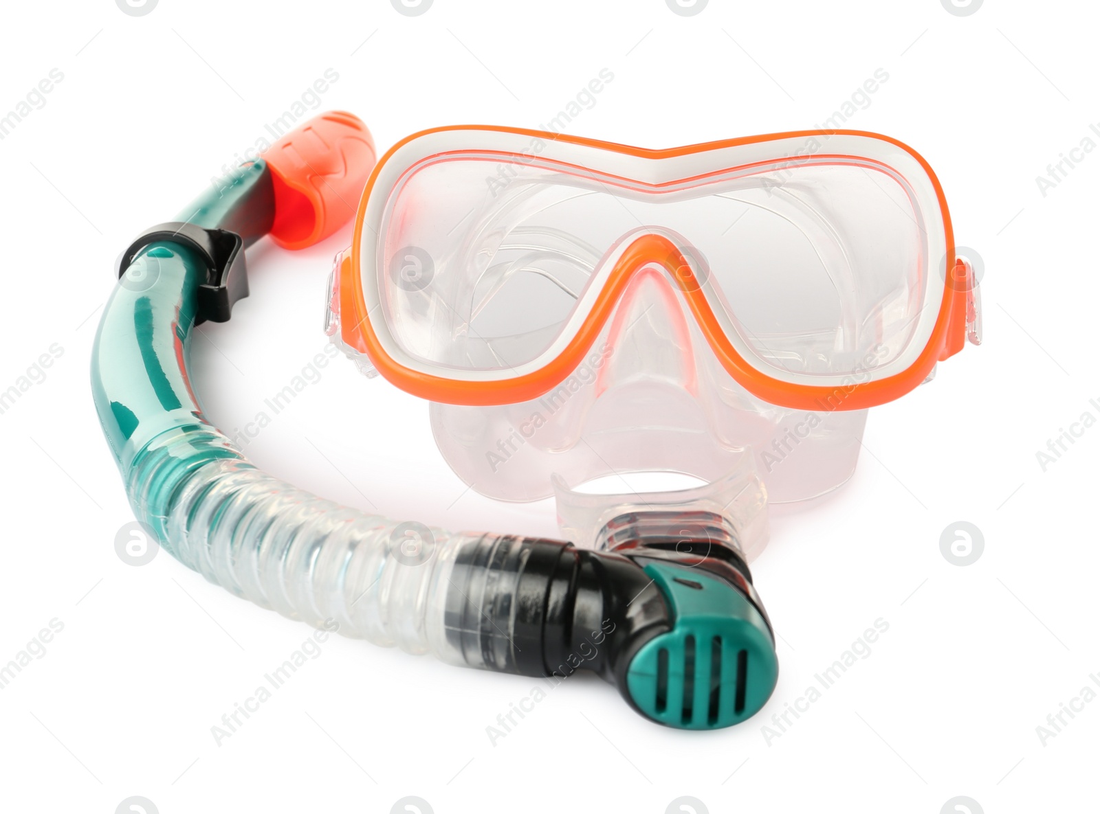 Photo of Underwater diving mask with snorkel isolated on white