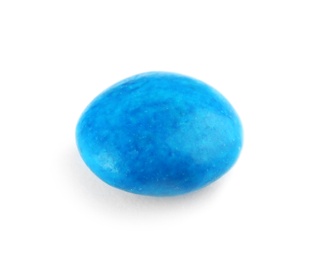 Photo of Small blue chocolate candy on white background