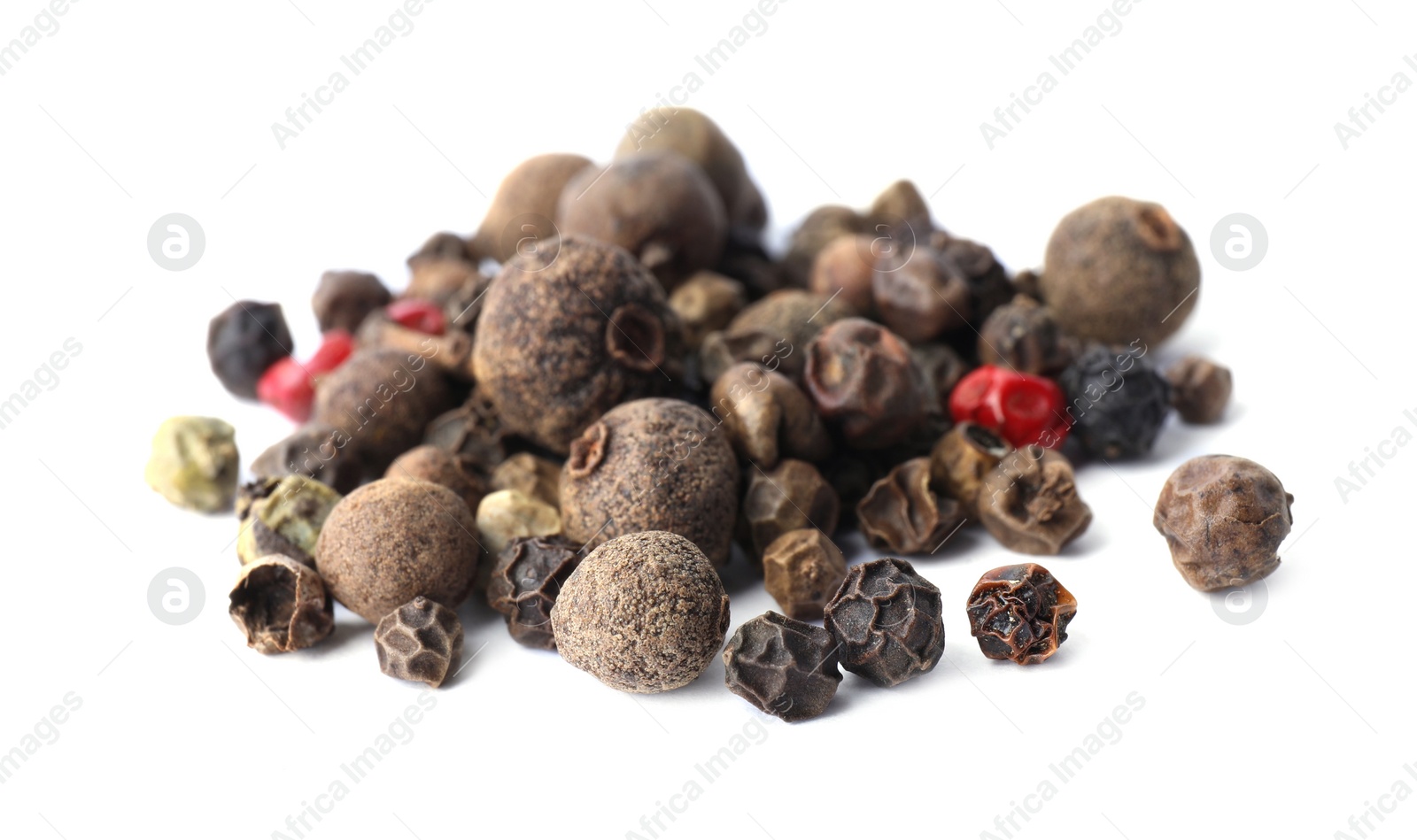 Photo of Mix of different pepper grains isolated on white