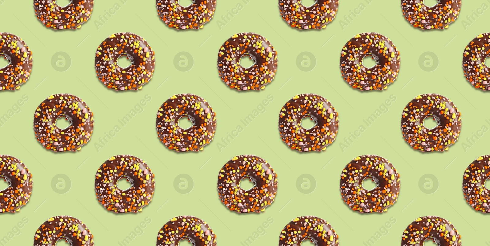 Image of Creative pattern design of glazed donuts on pale light green background, banner