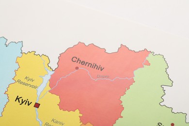 Photo of Chernihiv region on map of Ukraine, closeup