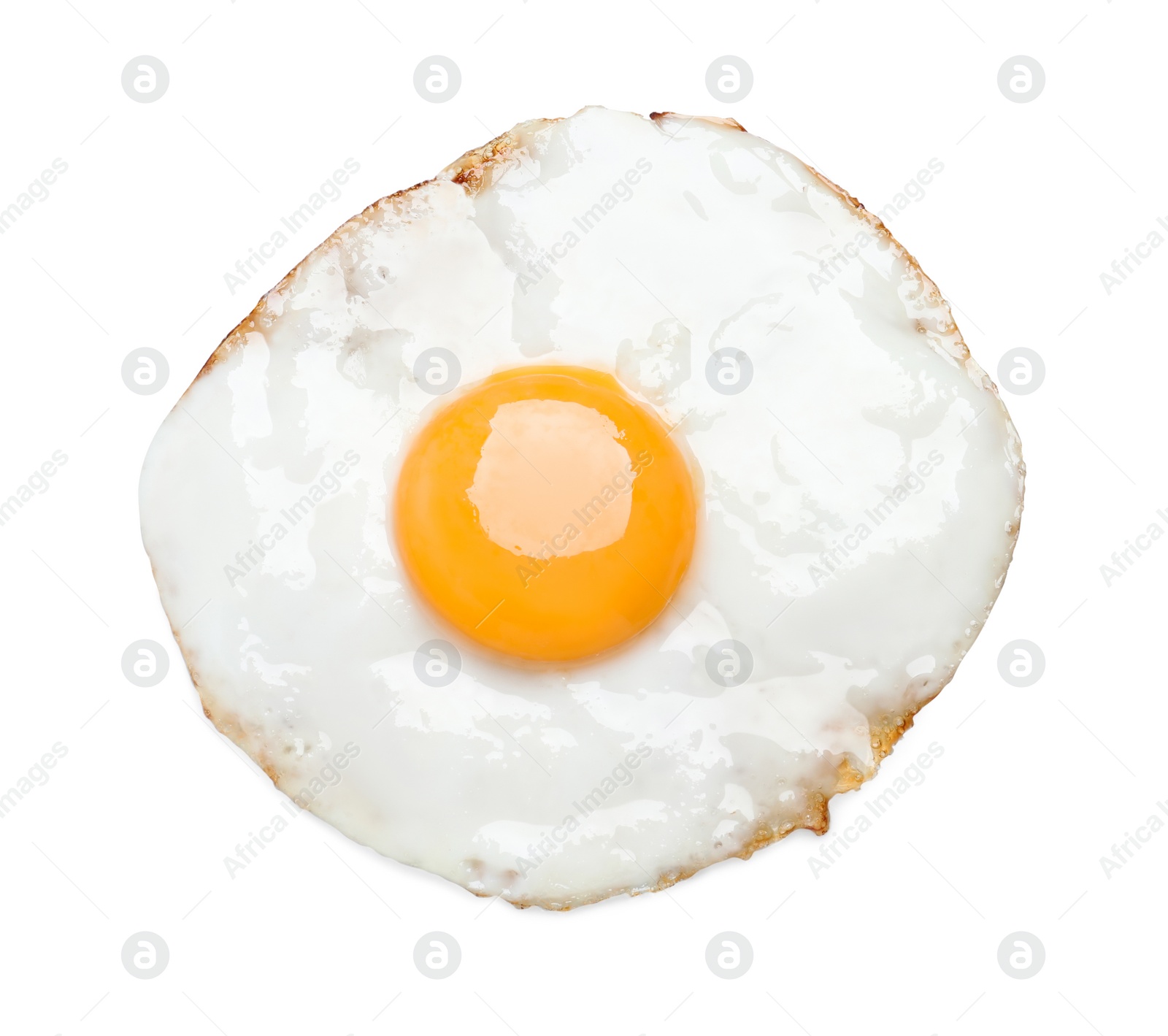 Photo of Delicious fried egg isolated on white, top view