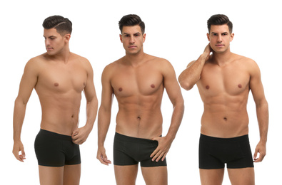 Image of Collage of man in underwear on white background