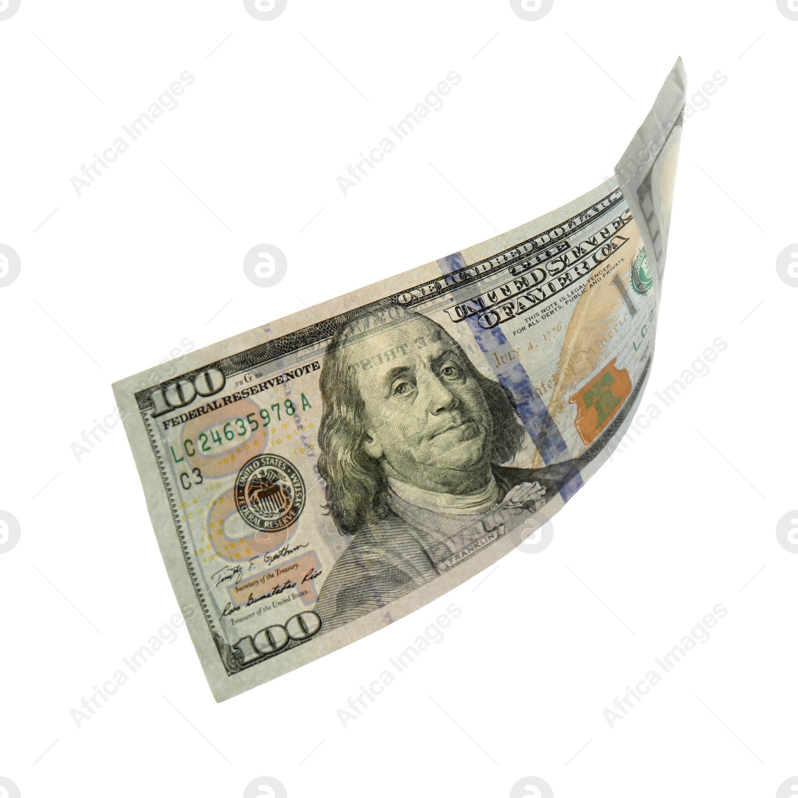 Photo of One hundred dollar banknote on white background. American national currency