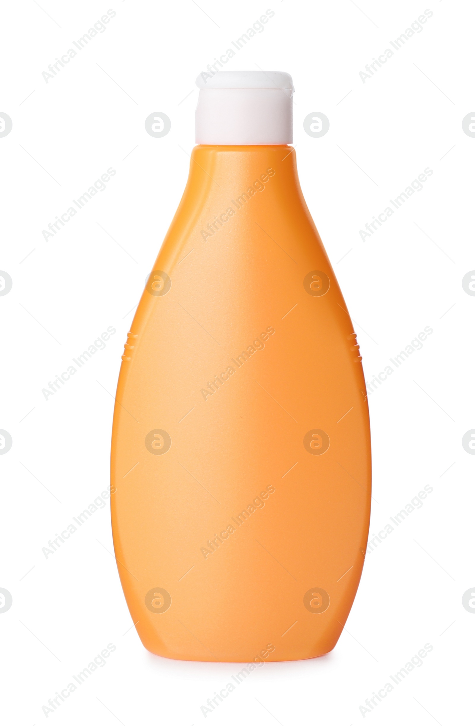 Photo of Orange plastic bottle with cosmetic product isolated on white