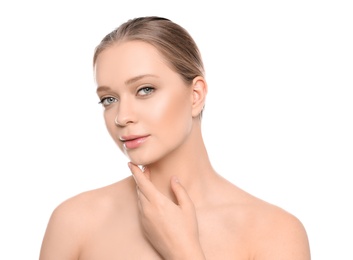 Portrait of young woman with beautiful face on white background