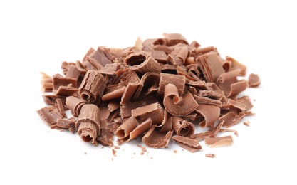 Photo of Pile of tasty chocolate shavings isolated on white