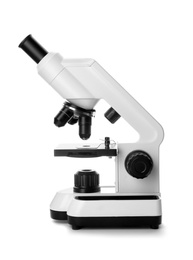 Photo of Microscope on white background. Medical equipment