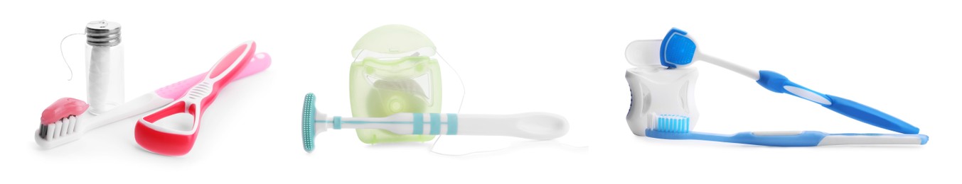 Image of Set with different tongue scrapers, dental floss and toothbrushes on white background. Banner design 