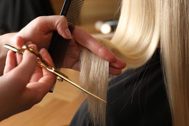 Hairdresser cutting client's hair with scissors in salon, closeup