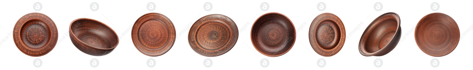 Image of Set with clay dishes on white background. Banner design 