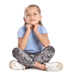 Portrait of adorable little girl on white background