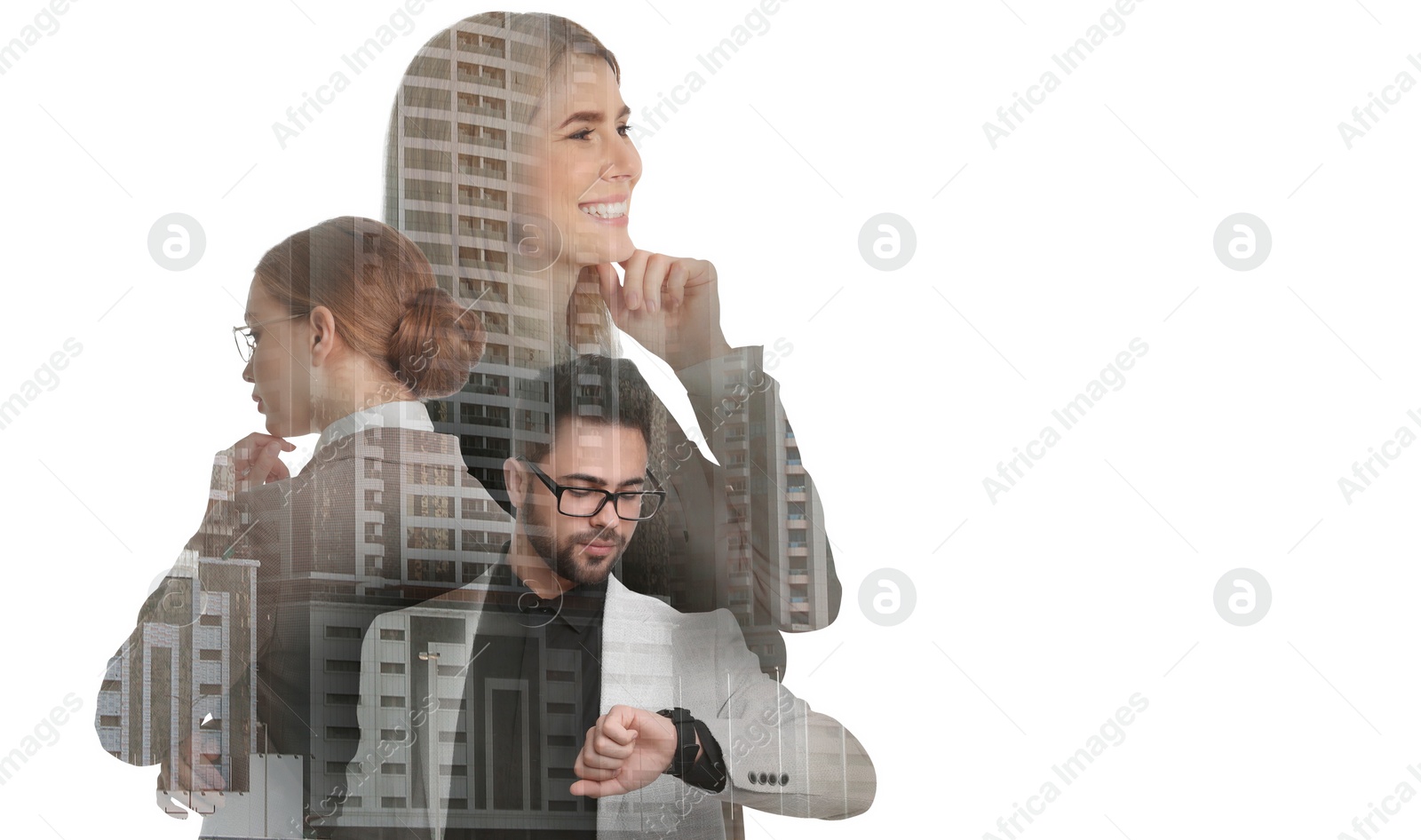 Image of Double exposure of different businesspeople and office buildings