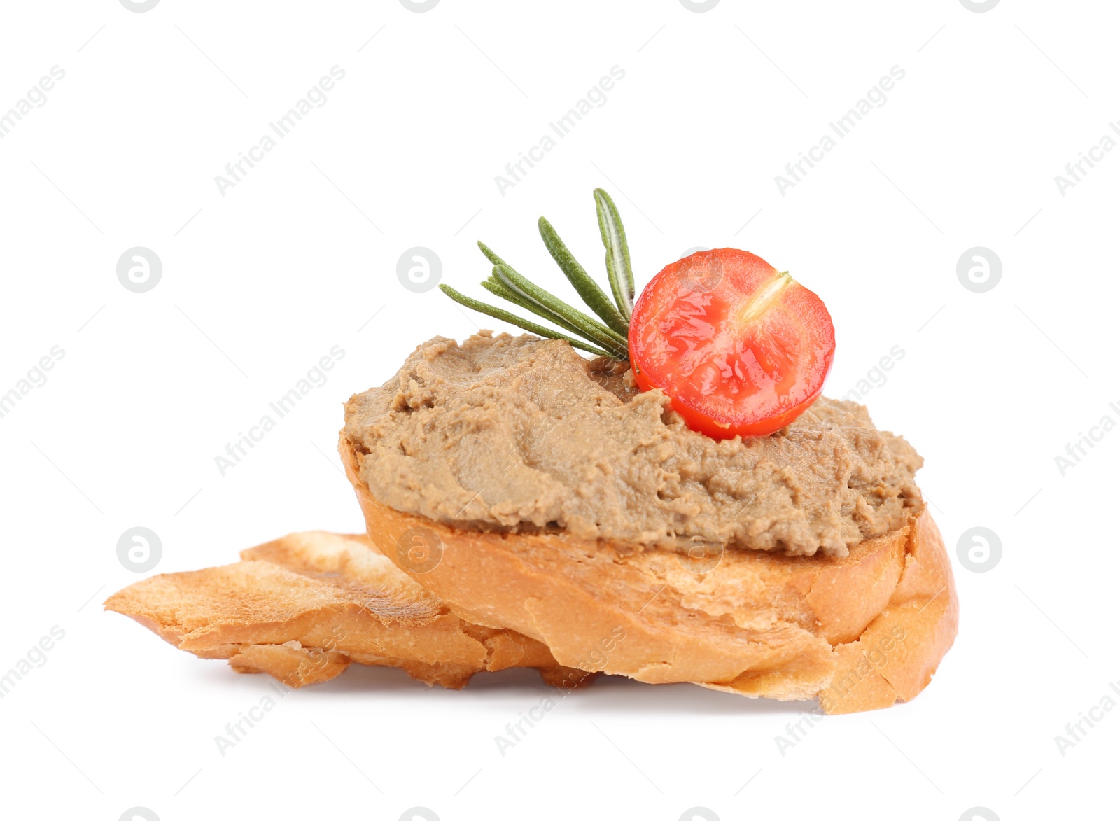 Photo of Fresh bread with delicious liver pate, rosemary and tomato on white background