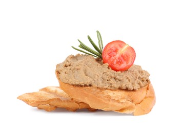 Photo of Fresh bread with delicious liver pate, rosemary and tomato on white background