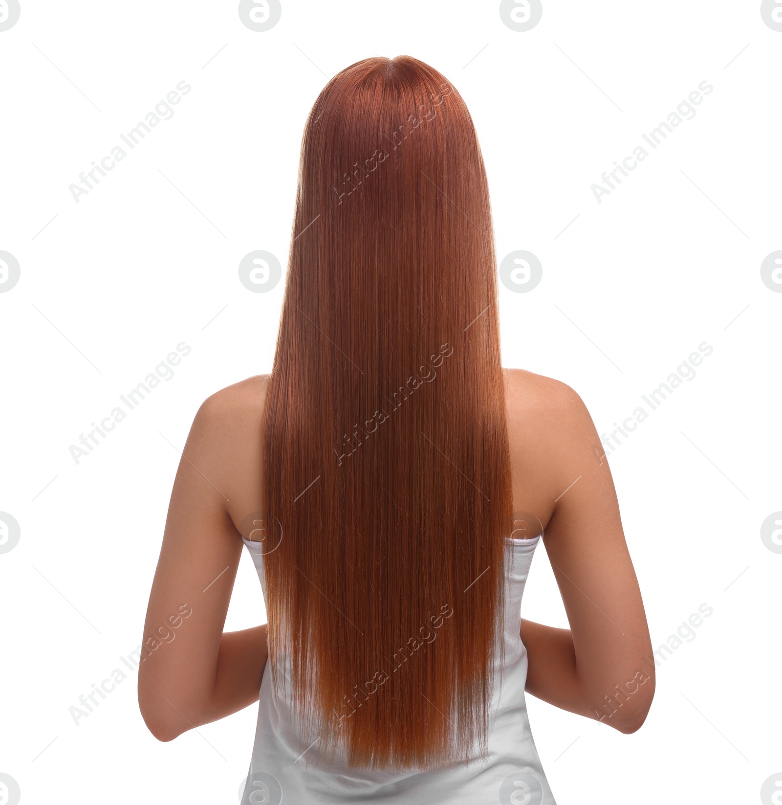 Photo of Woman with healthy hair after treatment on white background, back view