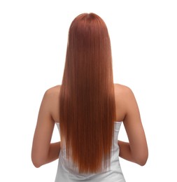 Photo of Woman with healthy hair after treatment on white background, back view