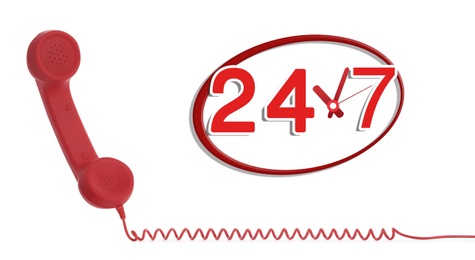 Image of 24/7 hotline service. Red handset on white background, banner design