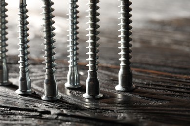 Photo of Countersunk screws on wooden table, closeup. Space for text