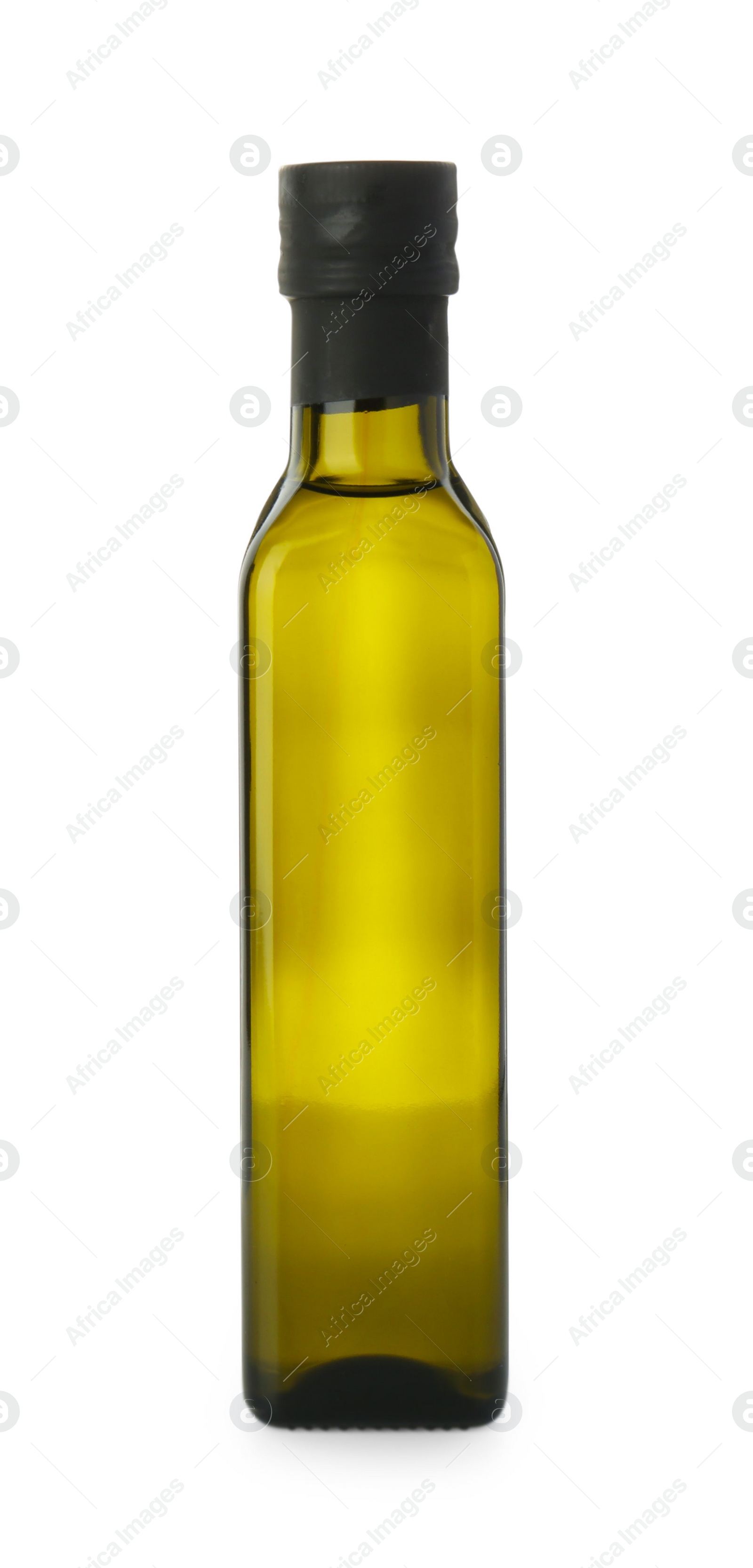 Photo of Vegetable fats. Cooking oil in glass bottle isolated on white