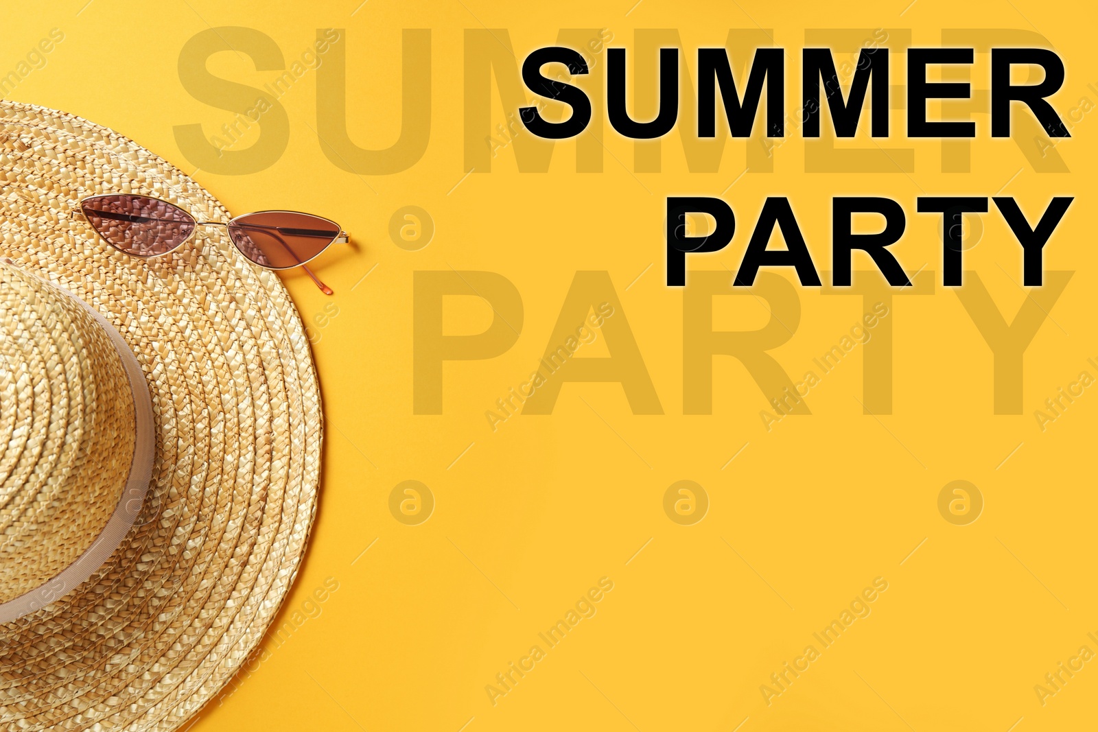 Image of Hat and sunglasses on yellow background, flat lay. Summer Party