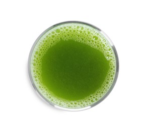 Glass of fresh celery juice on white background, top view