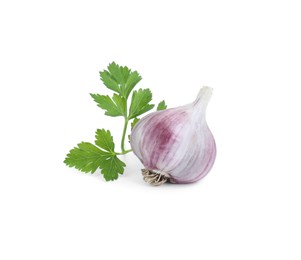 Photo of Fresh garlic head and parsley isolated on white