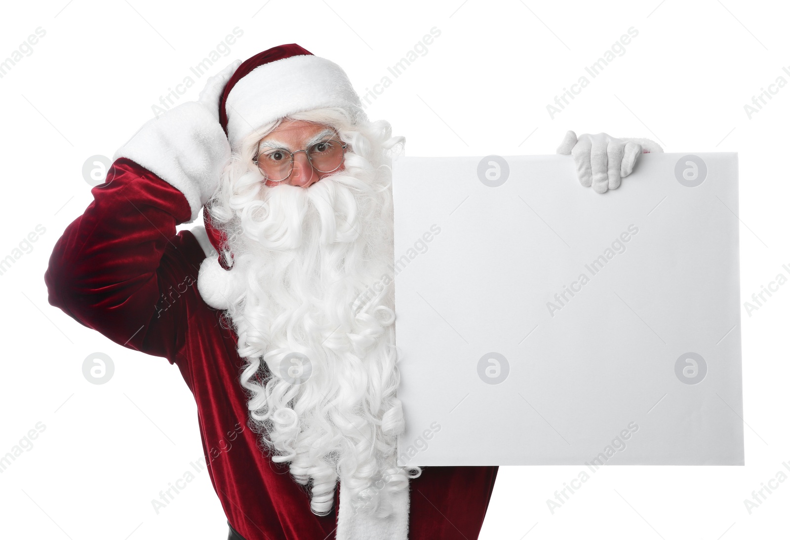 Photo of Santa Claus with blank banner on white background