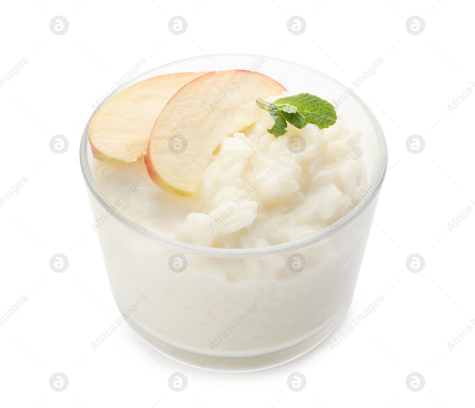 Photo of Delicious rice pudding with apple and mint isolated on white