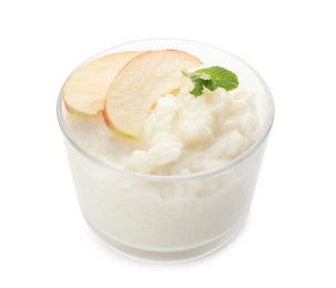 Delicious rice pudding with apple and mint isolated on white