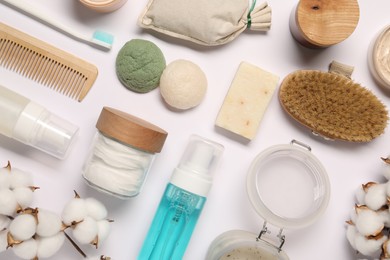 Bath accessories. Flat lay composition with personal care products on white background