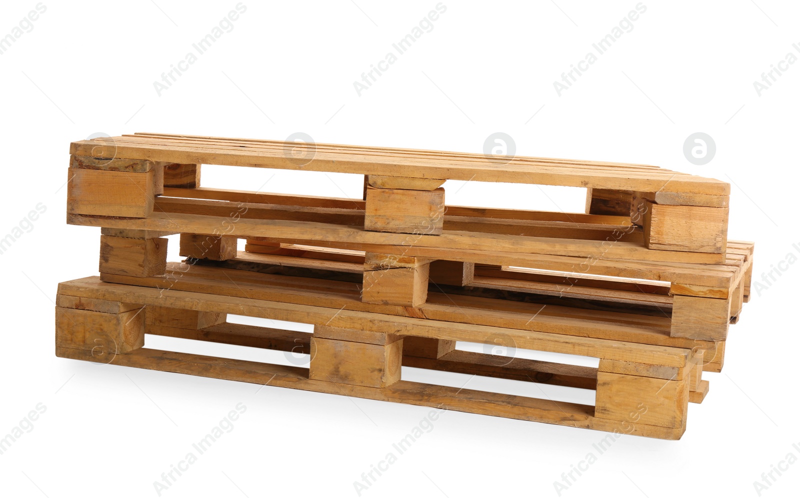 Photo of Stacked wooden pallets isolated on white. Transportation and storage