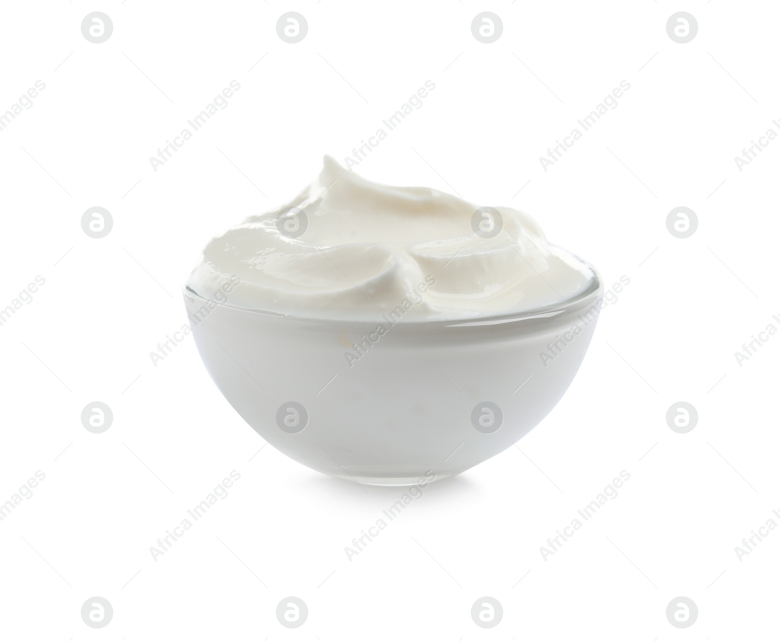 Photo of Ceramic bowl with fresh sour cream isolated on white