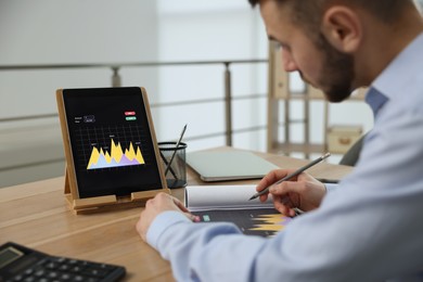 Photo of Forex trader working with tablet and chart in office