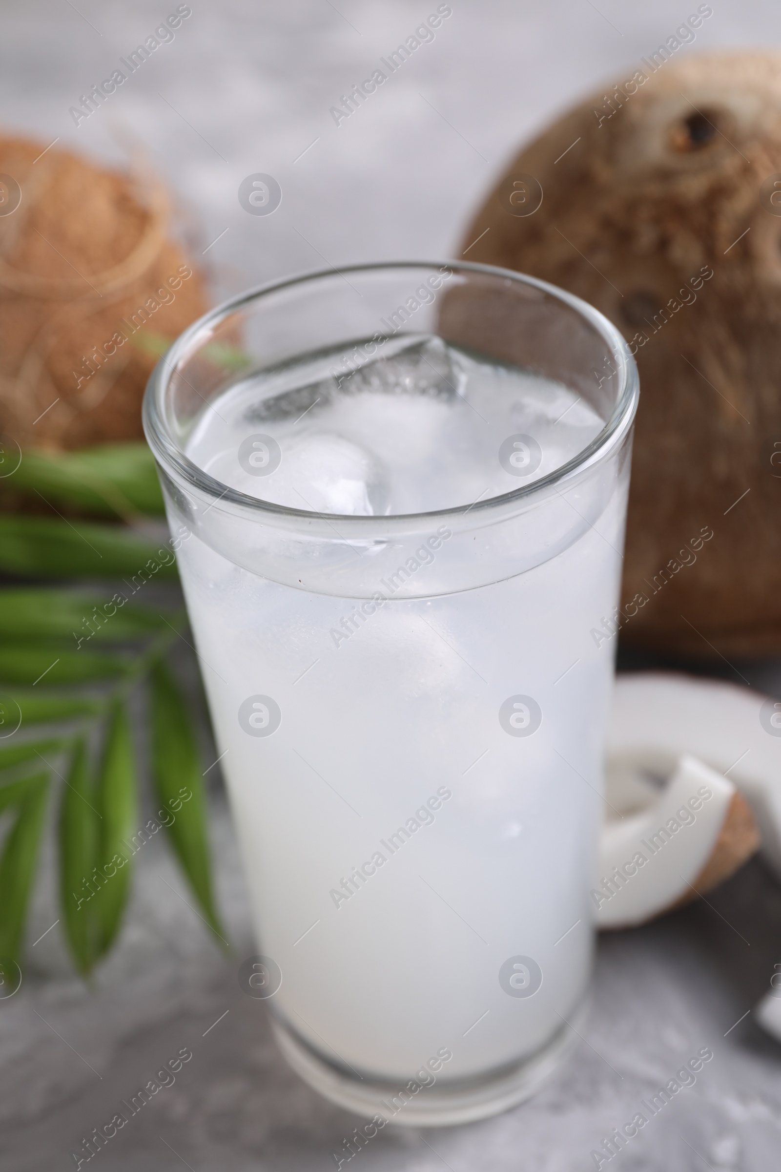 Photo of Glass of coconut water with ice cubes, palm leaf and nuts on grey table