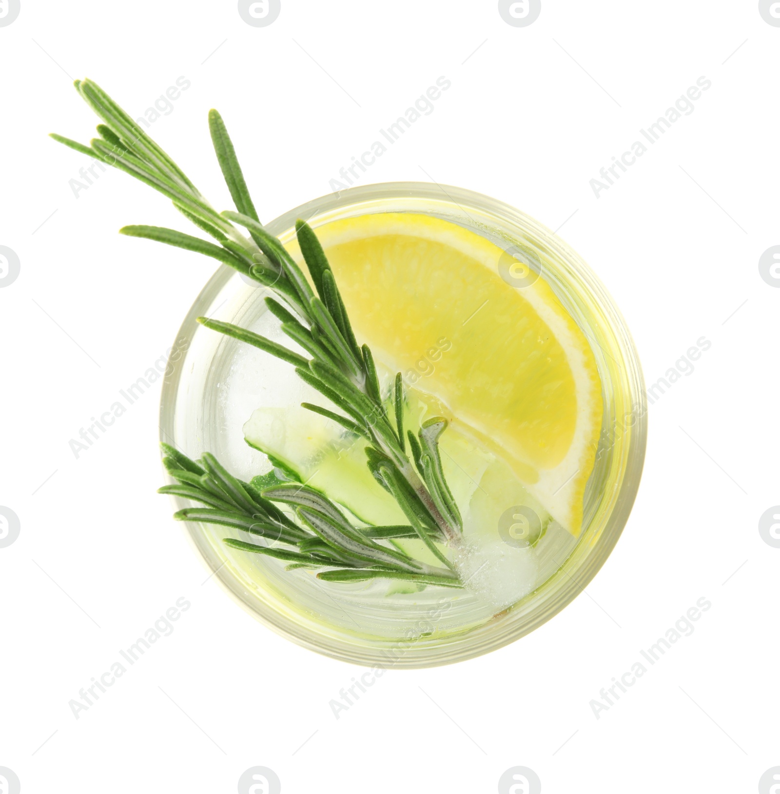 Photo of Glass of refreshing lemon cocktail with rosemary on white background, top view