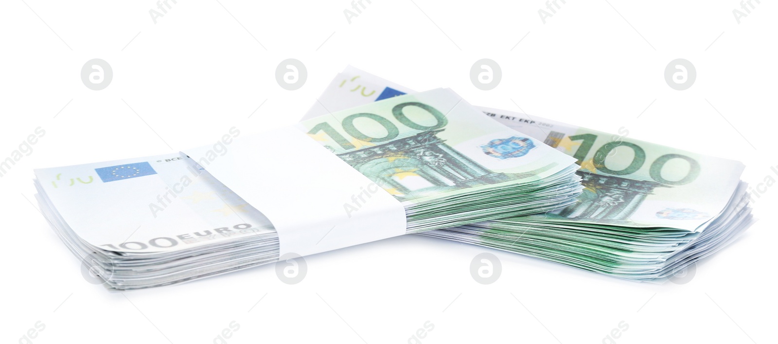 Photo of Stacks of euro banknotes isolated on white. Money and finance