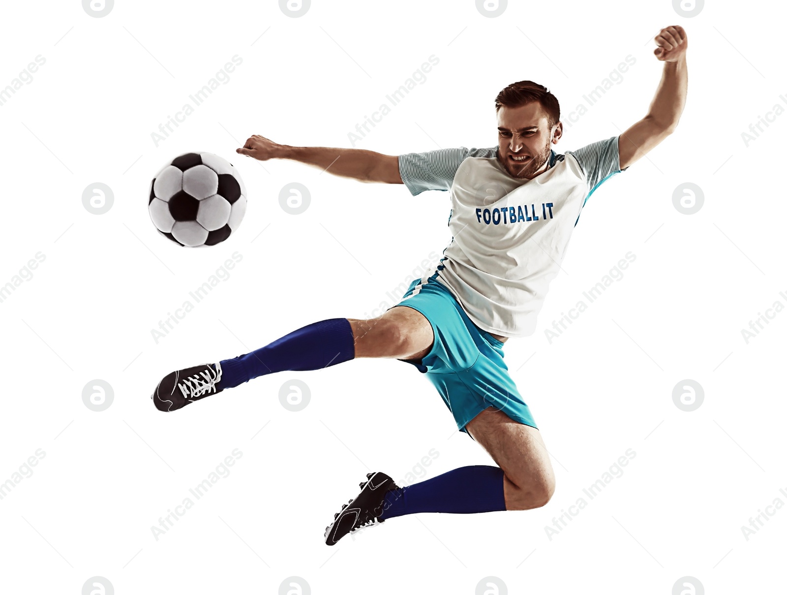 Image of Young man playing football on white background