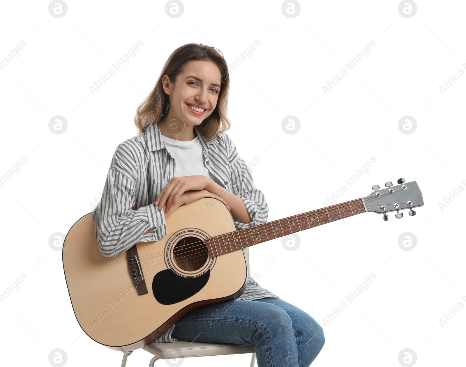 Photo of Woman with guitar on white background. Music teacher