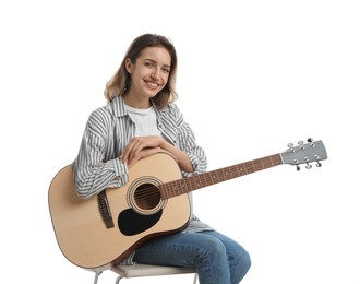 Photo of Woman with guitar on white background. Music teacher