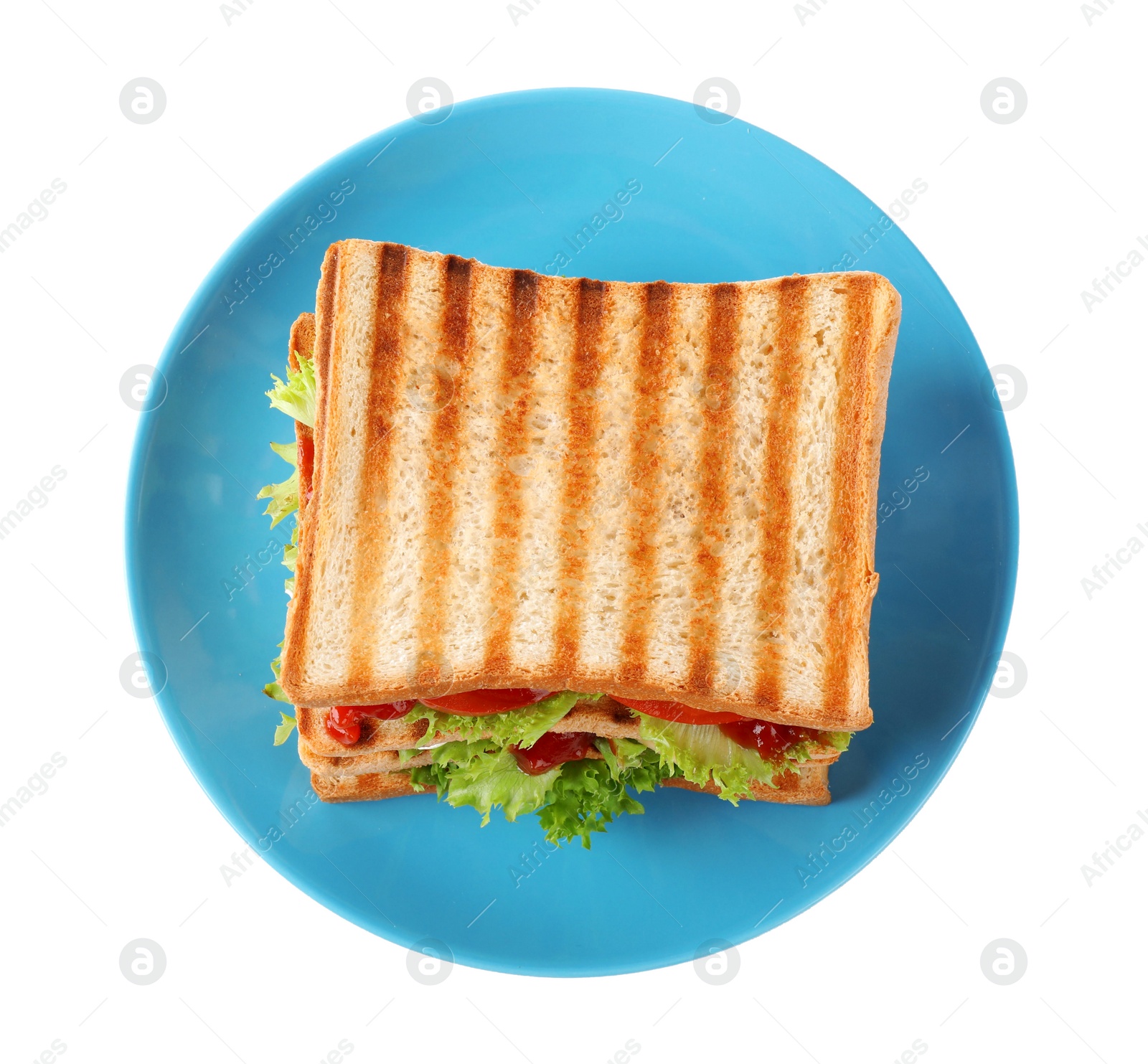 Photo of Yummy sandwich isolated on white, above view