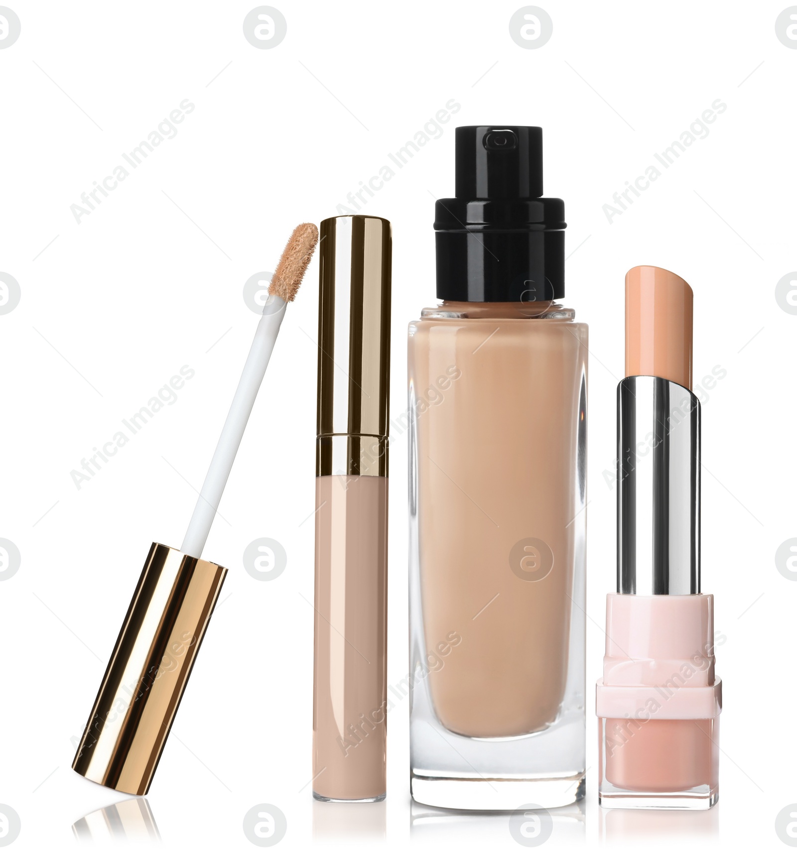 Image of Set with different decorative cosmetics on white background. Luxurious makeup products 