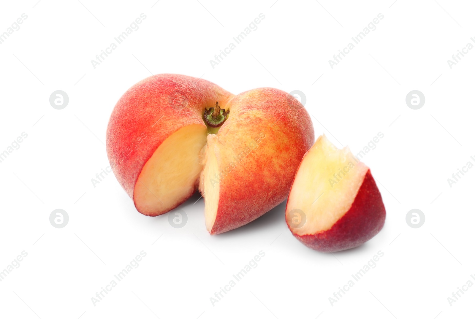 Photo of Cut fresh donut peach on white background